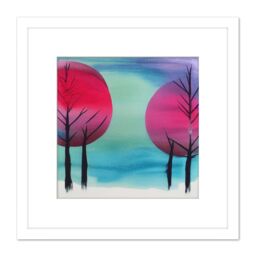 Artery8 Winter Forest Tree Landscape Japan Inspired Modern Abstract Watercolour Painting Turquoise Pink Purple Square Wooden Framed Wall Art Print - thumbnail 1