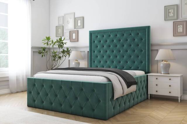 "Comfort Beds Winchester Plush Bed Frame - 50"" Upholstered Headboard in Emerald - Size: Single" - image 1