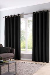 Fusion 'Sorbonne' 100% Cotton Light Filtering Plain Dyed Eyelet Curtains in Black - Size: 168 cm width x 229 cm drop - thumbnail 1