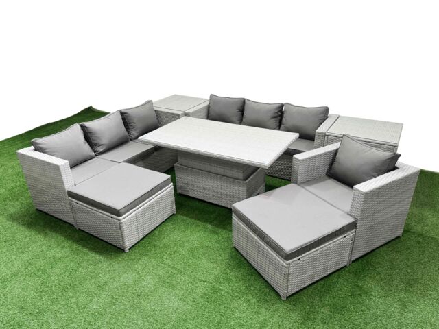 Fimous 7 PCs Rising Dining Table Set Rattan Furniture Set with 3 Seater Sofa in Light Grey - image 1