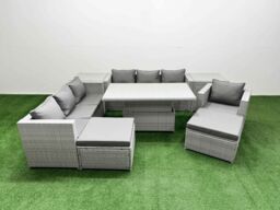 Fimous 7 PCs Rising Dining Table Set Rattan Furniture Set with 3 Seater Sofa in Light Grey - thumbnail 2