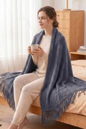 Garden Sanctuary 100% Acrylic Knitted Throw Blanket in Dark Grey - thumbnail 3