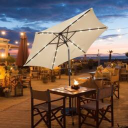 Costway 2.7M Outdoor Parasol 18 Solar Power LED Lights Patio Umbrella with Tilt Crank Handle Beige - thumbnail 5
