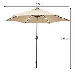 Costway 2.7M Outdoor Parasol 18 Solar Power LED Lights Patio Umbrella with Tilt Crank Handle Beige - thumbnail 3