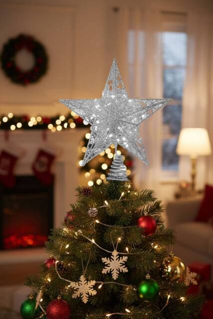 Decorative Star Shaped Glitter Christmas Tree Top with LED Lights in Silver - image 1