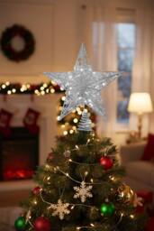 Decorative Star Shaped Glitter Christmas Tree Top with LED Lights in Silver