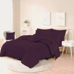 Homes-Linen Plain Dyed Polycotton Duvet Cover Set with Pillowcases in Plum - Size: Single - thumbnail 1