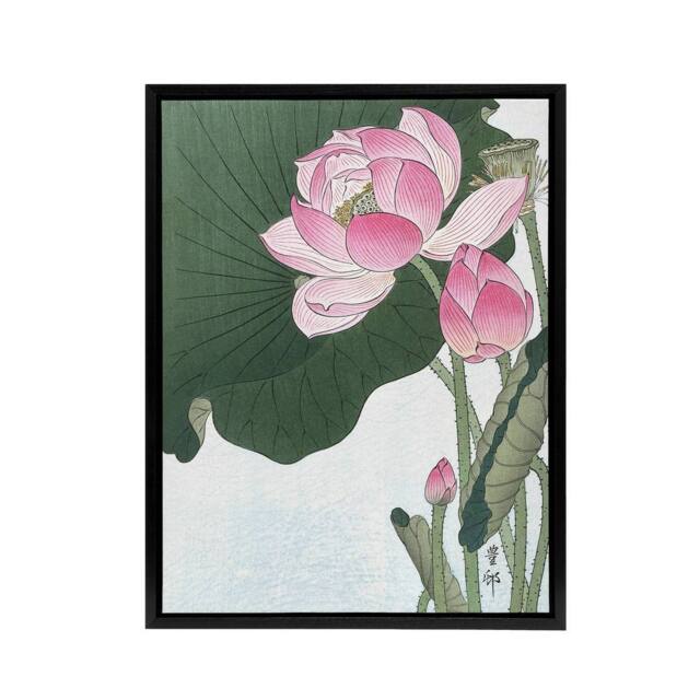 "Artery8 Blooming Lotus Flowers Framed Canvas Wall Art Print Ohara Koson in Green - Size: W12"" x H16""" - image 1