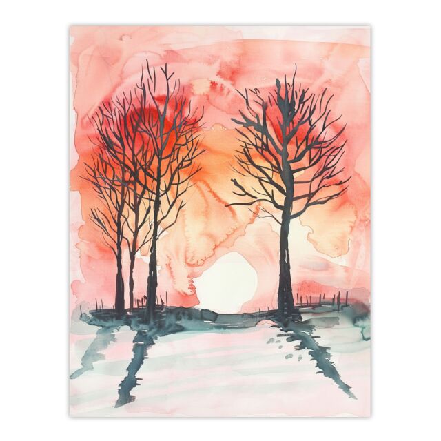 "Artery8 Two Trees at Sunset Winter Countryside Landscape Wall Art Print in Pink - Size: W24"" x H32""" - image 1