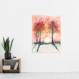 "Artery8 Two Trees at Sunset Winter Countryside Landscape Wall Art Print in Pink - Size: W24"" x H32""" - thumbnail 4