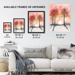 "Artery8 Two Trees at Sunset Winter Countryside Landscape Wall Art Print in Pink - Size: W24"" x H32""" - thumbnail 3