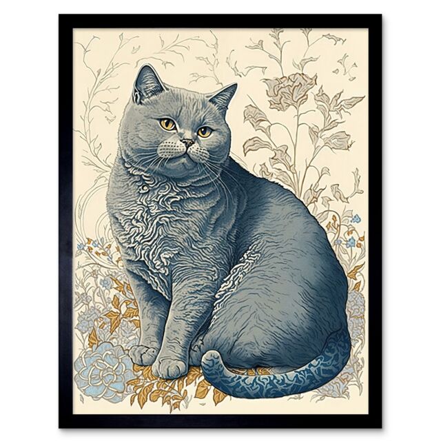 "Artery8 Wall Art Print William Morris Inspired Cat Portrait with Flowers Modern Art Framed in Black - Size: W12"" x H16""" - image 1