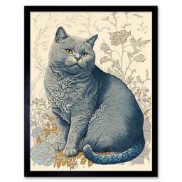 "Artery8 Wall Art Print William Morris Inspired Cat Portrait with Flowers Modern Art Framed in Black - Size: W12"" x H16""" - thumbnail 1