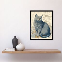 "Artery8 Wall Art Print William Morris Inspired Cat Portrait with Flowers Modern Art Framed in Black - Size: W12"" x H16""" - thumbnail 2