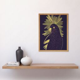 "Artery8 Wall Art Print Detailed Stylish Dark Deep Purple Yellow Gold Parrot Tropical Plant Art Framed in Light Oak - Size: W12"" x H16""" - thumbnail 2