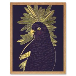 "Artery8 Wall Art Print Detailed Stylish Dark Deep Purple Yellow Gold Parrot Tropical Plant Art Framed in Light Oak - Size: W12"" x H16""" - thumbnail 1