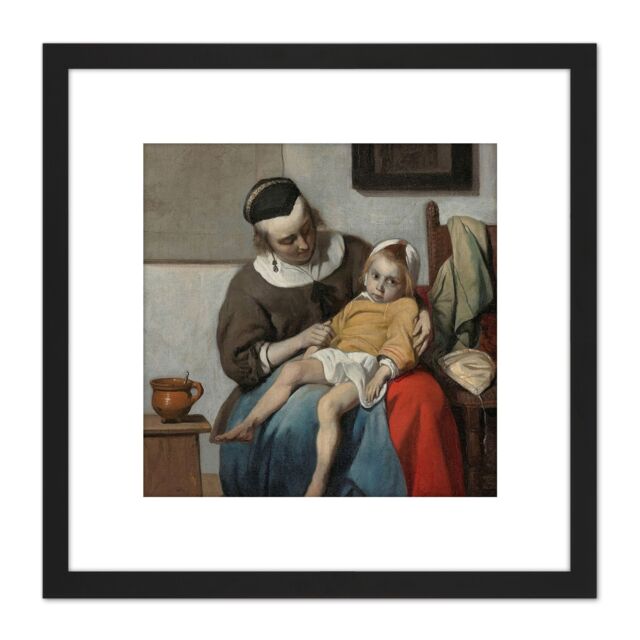 Artery8 Gabriel Metsu The Sick Child Painting 8X8 Inch Square Wooden Framed Wall Art Print Picture with Mount in Black - image 1