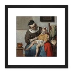 Artery8 Gabriel Metsu The Sick Child Painting 8X8 Inch Square Wooden Framed Wall Art Print Picture with Mount in Black - thumbnail 1