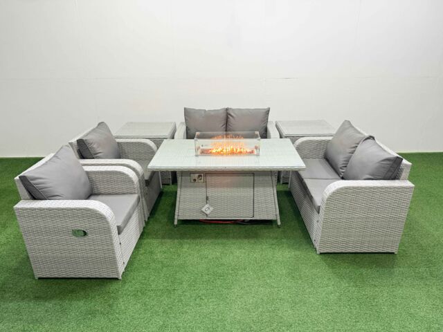 Fimous 6 Seater Outdoor Reclining Chair Love Sofa Set Rattan Garden Furniture Set with Firepit Dining Table 2 Side Tables Light Grey - image 1