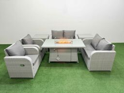 Fimous 6 Seater Outdoor Reclining Chair Love Sofa Set Rattan Garden Furniture Set with Firepit Dining Table 2 Side Tables Light Grey - thumbnail 2