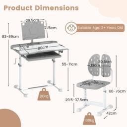 Costway Kids Study Desk&Chair Height-Adjustable Activity Desk Set Tilt Desktop in Grey - thumbnail 2