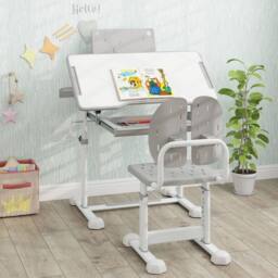 Costway Kids Study Desk&Chair Height-Adjustable Activity Desk Set Tilt Desktop in Grey - thumbnail 4