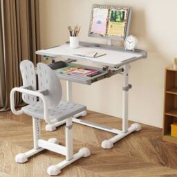 Costway Kids Study Desk&Chair Height-Adjustable Activity Desk Set Tilt Desktop in Grey - thumbnail 1