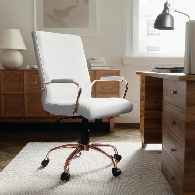 FWStyle White & Rose Gold Faux Leather Low Back Designer Office Chair - image 1