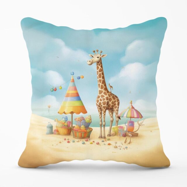 Warren Reed - Designer Giraffe On A Beach Holiday Outdoor Cushion in Yellow - Size: 45 cm x 45 cm - image 1