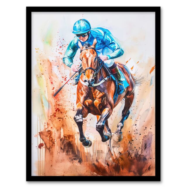"Artery8 Jockey Horse Racing Ascot Derby Watercolour Framed Art Print in Blue - Size: W12"" x H16""" - image 1