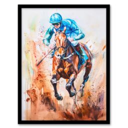 "Artery8 Jockey Horse Racing Ascot Derby Watercolour Framed Art Print in Blue - Size: W12"" x H16""" - thumbnail 1
