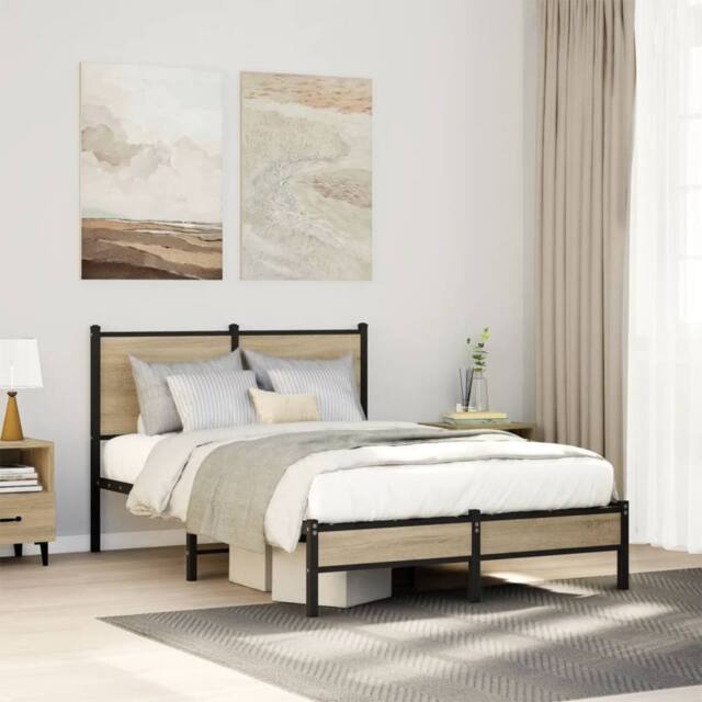 Berkfield Home Metal Bed Frame without Mattress Sonoma Oak 120x190 cm Small Double in Brown - image 1