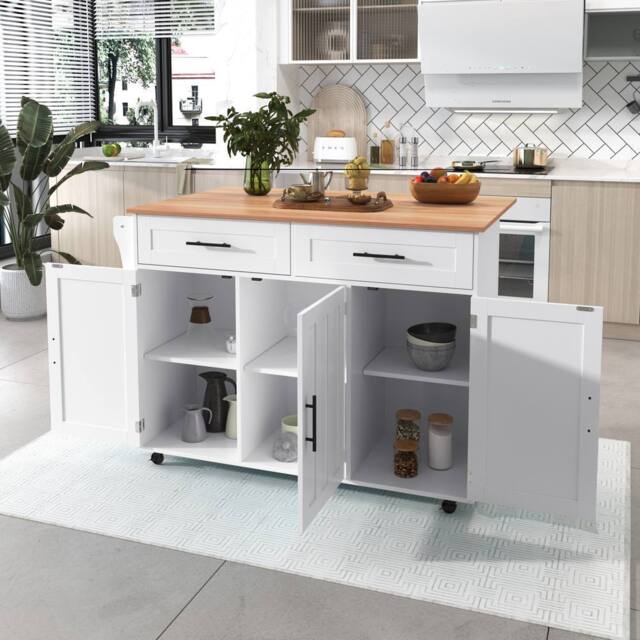 Merax Kitchen Island Trolley with Foldable Tabletop, Storage Cabinet Drawers in White - image 1