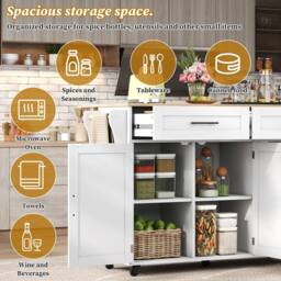 Merax Kitchen Island Trolley with Foldable Tabletop, Storage Cabinet Drawers in White - thumbnail 5