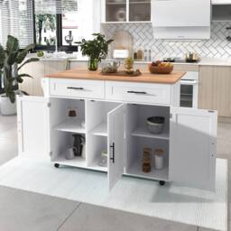 Merax Kitchen Island Trolley with Foldable Tabletop, Storage Cabinet Drawers in White - thumbnail 1