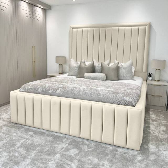 Living Comfort Bedz Hampton Slatted Base Upholstered Bed with 54-Inch panel Headboard in Cream - Size: Single - image 1