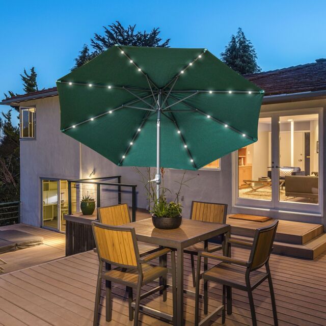 OUTSUNNY 2.7m Patio Garden Umbrella Outdoor Parasol with Tilt Crank & 24 LEDs Lights in Green - image 1