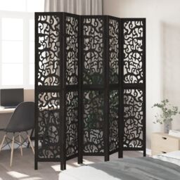 Berkfield Home Room Divider 5 Panels Black Solid Wood Paulownia - thumbnail 3