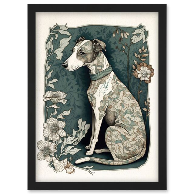 Artery8 Whippet Dog with Floral Pattern Fur Coat Art Nouveau Inspired Watercolour Illustration Artwork Framed Wall Art Print A4 in Black - image 1