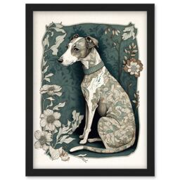Artery8 Whippet Dog with Floral Pattern Fur Coat Art Nouveau Inspired Watercolour Illustration Artwork Framed Wall Art Print A4 in Black - thumbnail 1