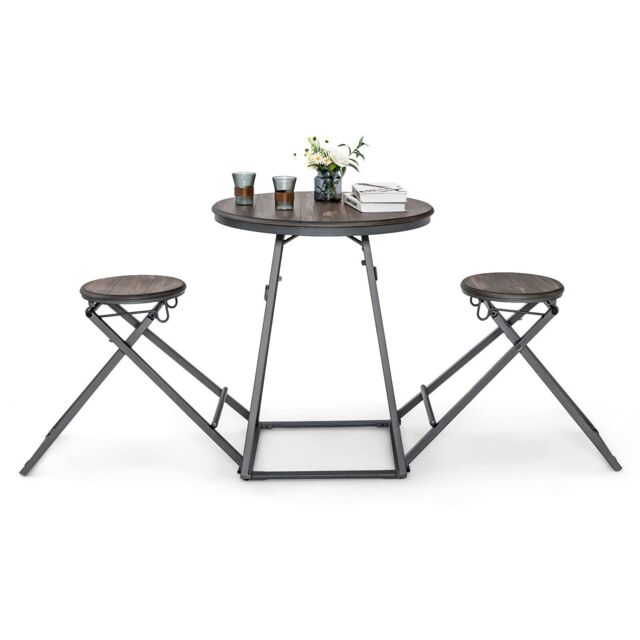 Costway 3-Piece Round Table & Stool Set Dining Bar Table w/ 2 Foldable Stools in Grey - image 1