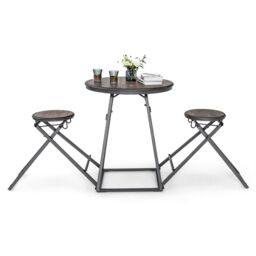 Costway 3-Piece Round Table & Stool Set Dining Bar Table w/ 2 Foldable Stools in Grey