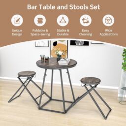Costway 3-Piece Round Table & Stool Set Dining Bar Table w/ 2 Foldable Stools in Grey - thumbnail 5