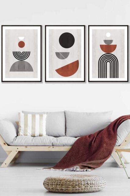ARTZE Set of 3 Black Framed Black Grey Terracotta Abstract Mid Century Geometric Wall Art - Size: W33 cm x H45 cm x D20mm - image 1