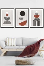 ARTZE Set of 3 Black Framed Black Grey Terracotta Abstract Mid Century Geometric Wall Art - Size: W33 cm x H45 cm x D20mm - thumbnail 1