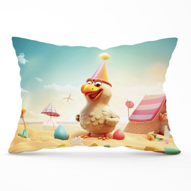 Warren Reed - Designer Funky Chicken On A Beach Holiday Cushions in Yellow - Size: 45 cm x 45 cm - image 1