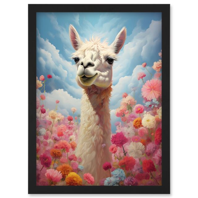 Artery8 Wall Art Print Happy Llama Peeking Head Over Pink Flowers Bright Colourful Artwork Kids Bedroom Dreamy Spring Meadow Artwork Framed A4 - image 1