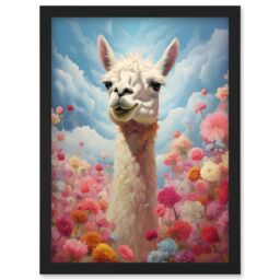 Artery8 Wall Art Print Happy Llama Peeking Head Over Pink Flowers Bright Colourful Artwork Kids Bedroom Dreamy Spring Meadow Artwork Framed A4 - thumbnail 1