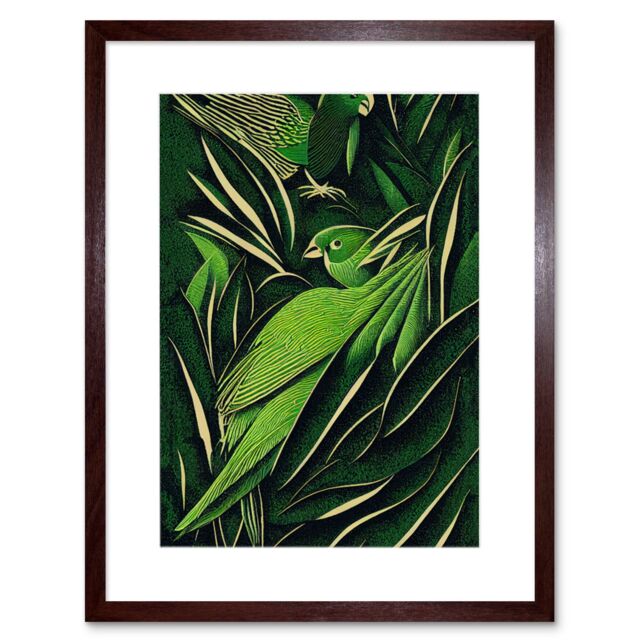 "Artery8 Wall Art Print Green Modern Vintage Retro Abstract Jungle Tropical Leaves Parrots Artwork Framed 9X7 Inch in Brown - Size: W7"" x H9""" - image 1