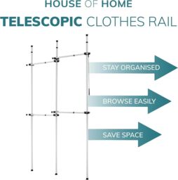House of Home Telescopic Clothes Rail Double Wardrobe Hanging Rack Adjustable Storage Black - thumbnail 6